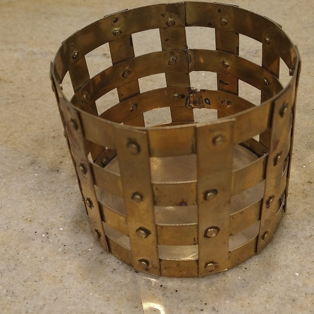 Vintage brass lattice metal candle holder pencil cup 3 1/2" dia. x 3 made India
